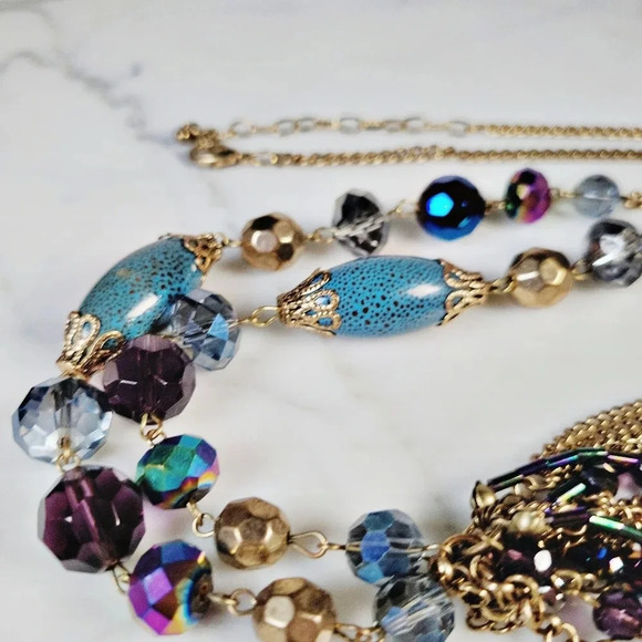 Glass Bead Tassel Necklace Long Vibrant Oil Slick Purple Blue Green Cera… - Picture 4 of 10